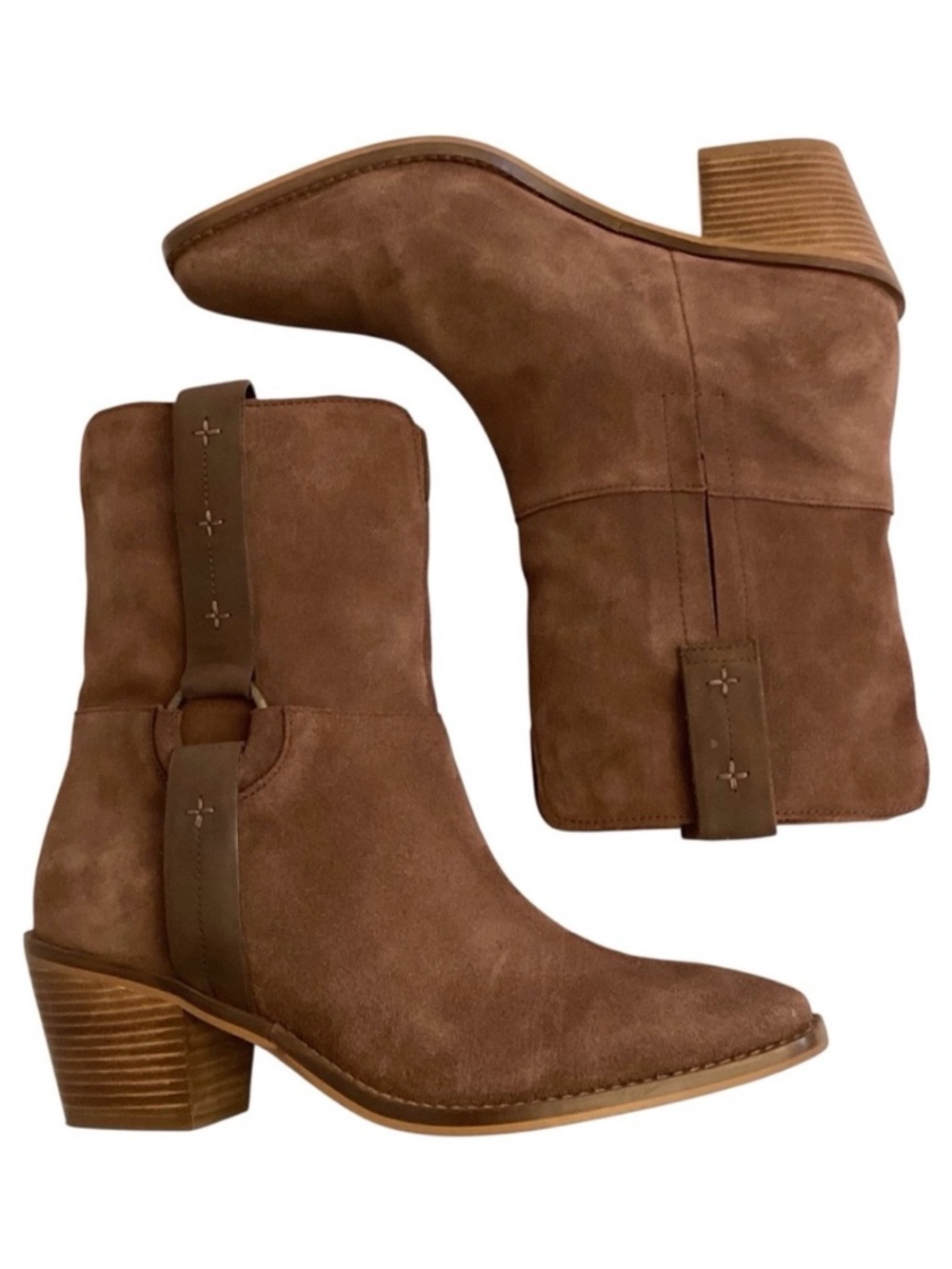 Lucky Brand 10 Kamaree Suede Harness Boots Womenโs Brown Western Chunky Heels